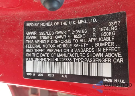 2017 Honda Civic Ex из США, поврежденный, VIN SHHFK7H52HU225738